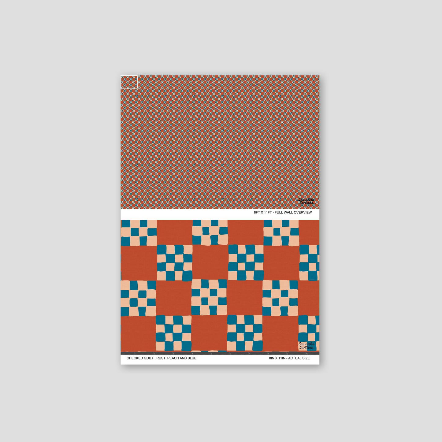 Checked quilt wallpaper with rust, peach, and blue squares in geometric pattern.