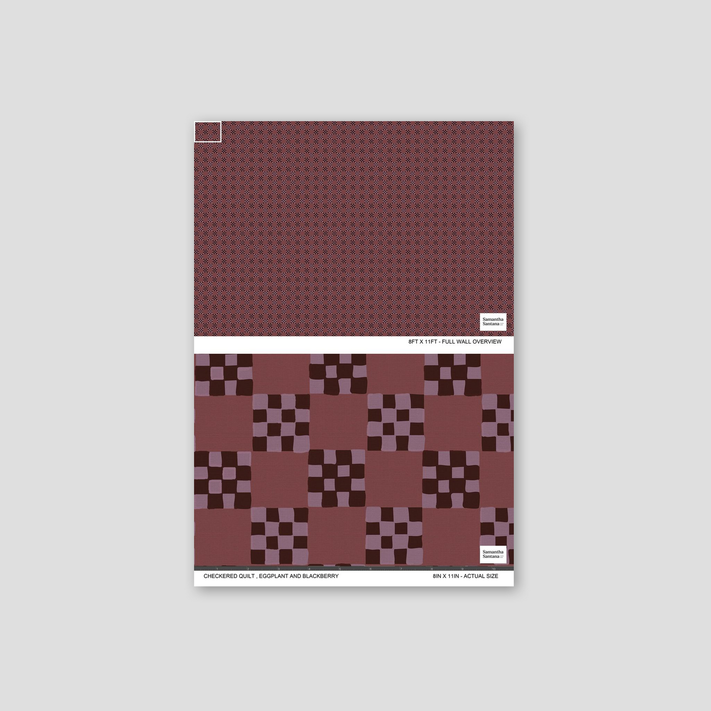 Checkered quilt wallpaper in eggplant and blackberry geometric pattern.
