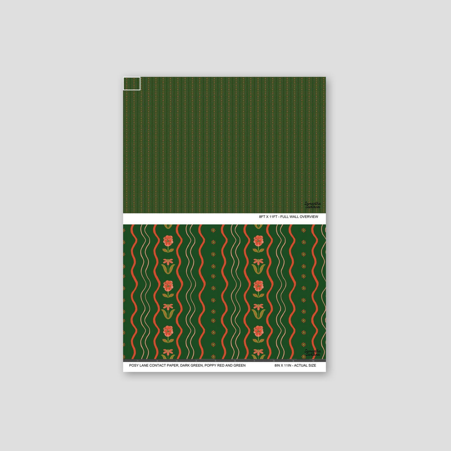 Dark green contact paper, shelf liner with poppy red floral pattern and curvy lines.