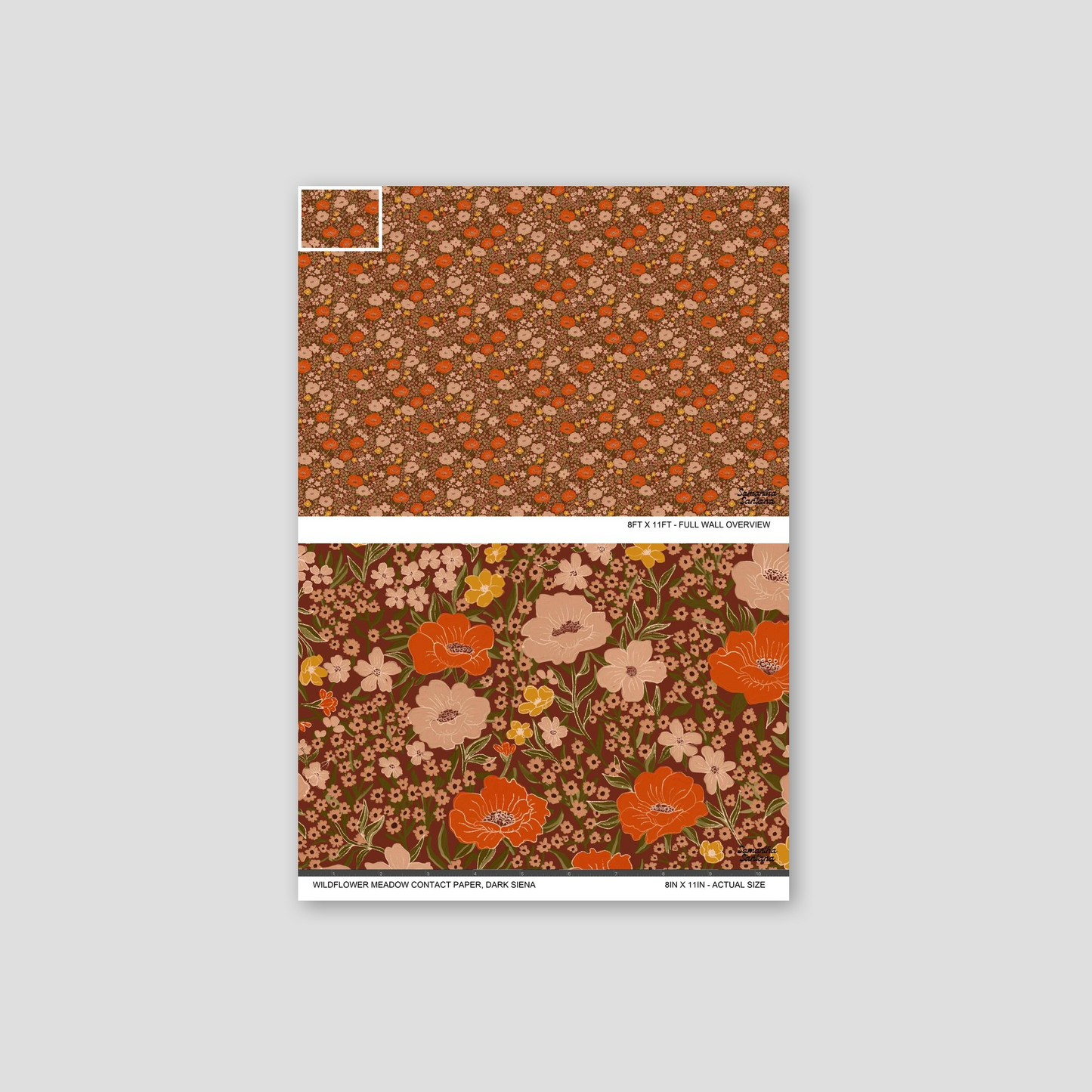 Dark siena floral contact paper, shelf liner with vibrant blooms in detailed pattern.