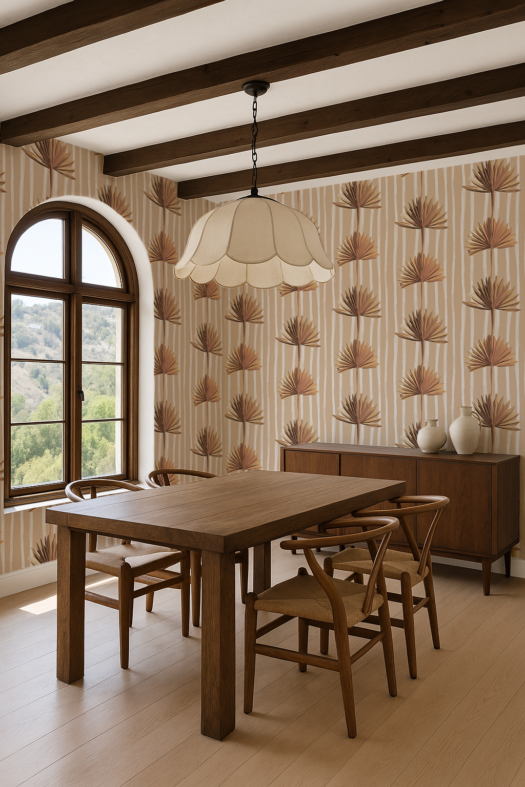 Stripey Palm Wallpaper, nude and off-white