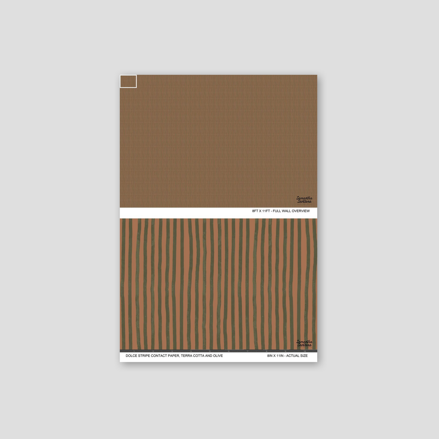 Dolce Stripe Contact Paper, shelf liner with terra cotta and olive stripes, earthy tones.
