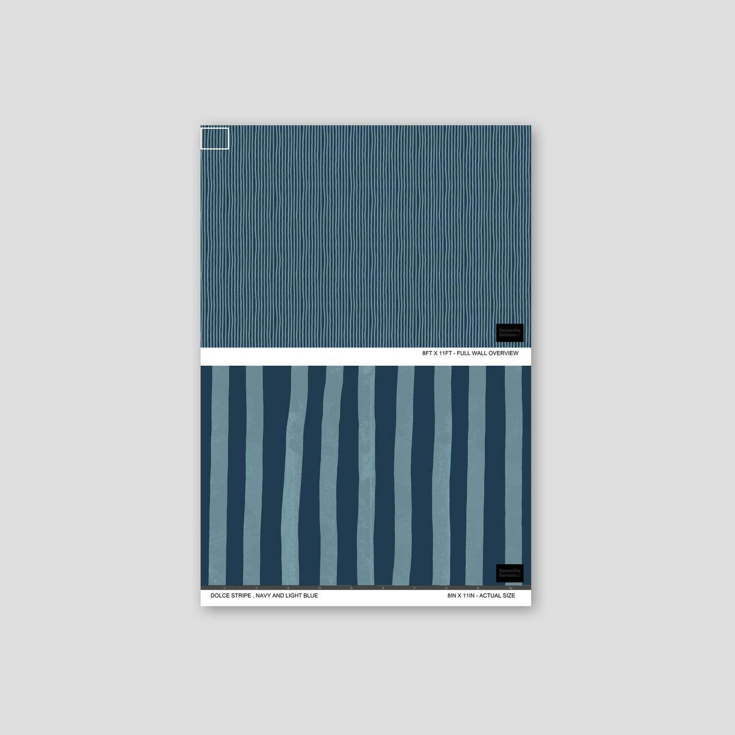 Dolce Stripe Wallpaper sample in navy and light blue with sleek vertical stripes.