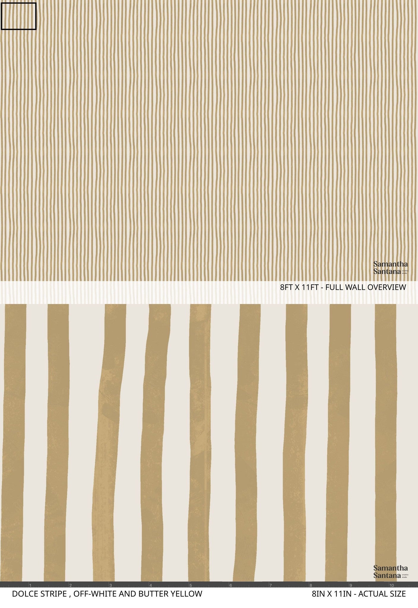 Off-white and butter yellow striped wallpaper sample with organic lines.