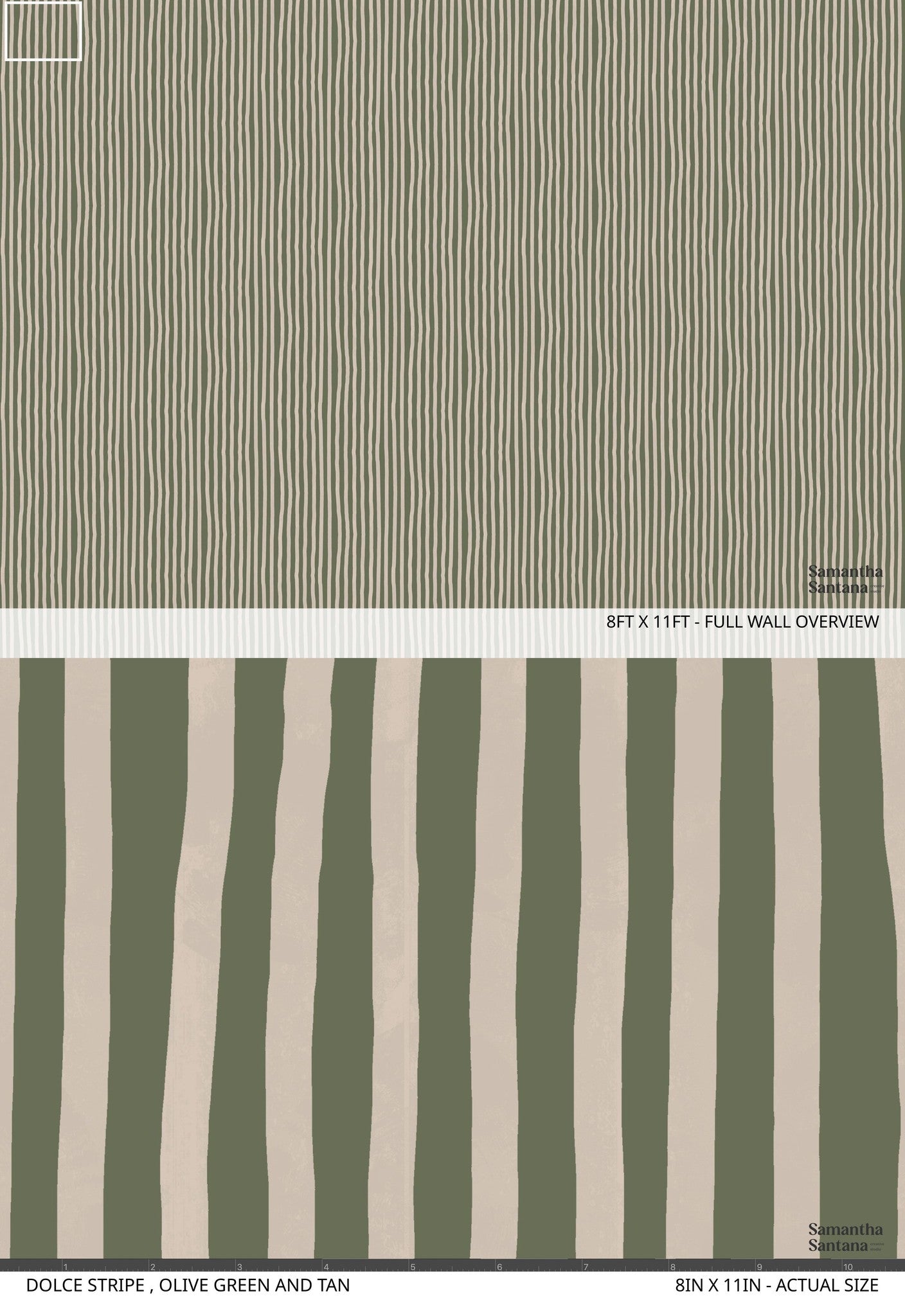 Dolce Stripe Wallpaper in olive green and tan with organic lines, full wall and sample view.