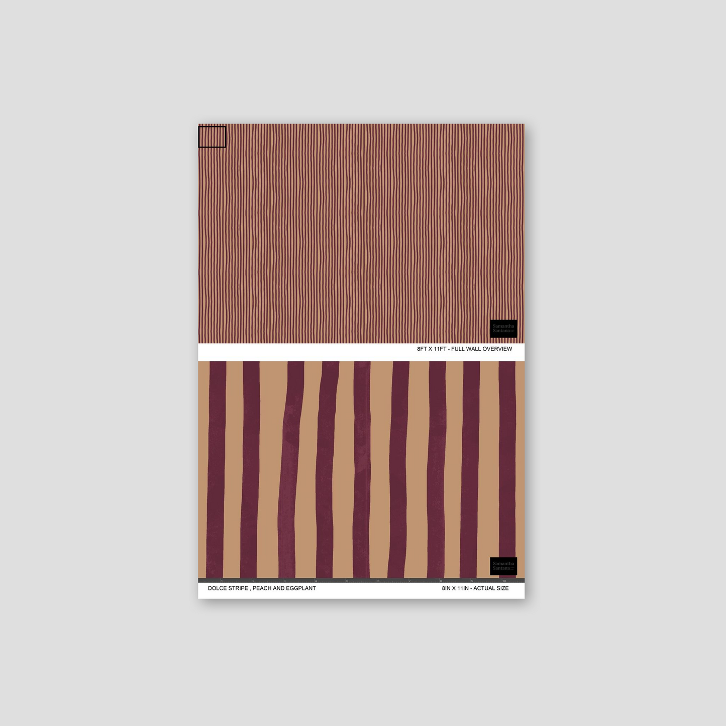 Dolce Stripe Wallpaper sample in peach and eggplant with flowing lines.