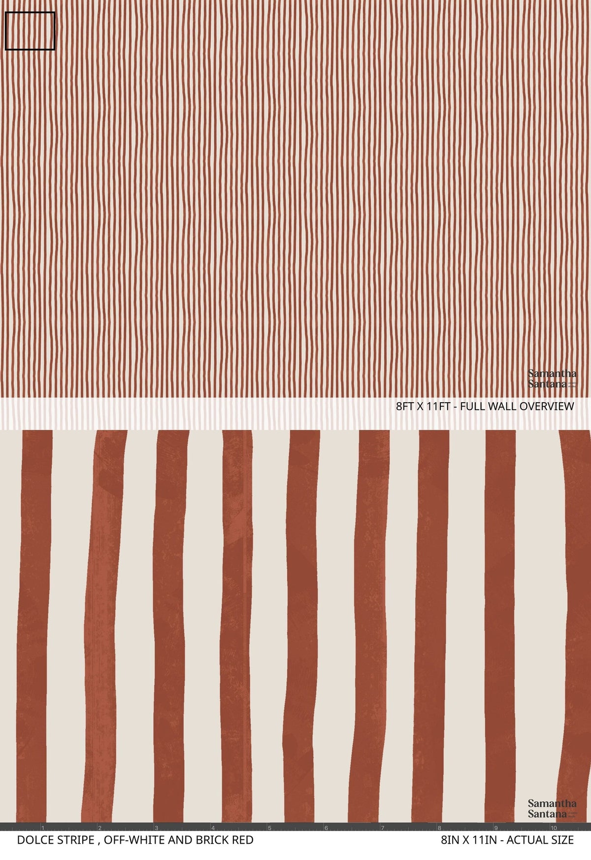 Dolce Stripe Wallpaper with terracotta stripes on off-white background.