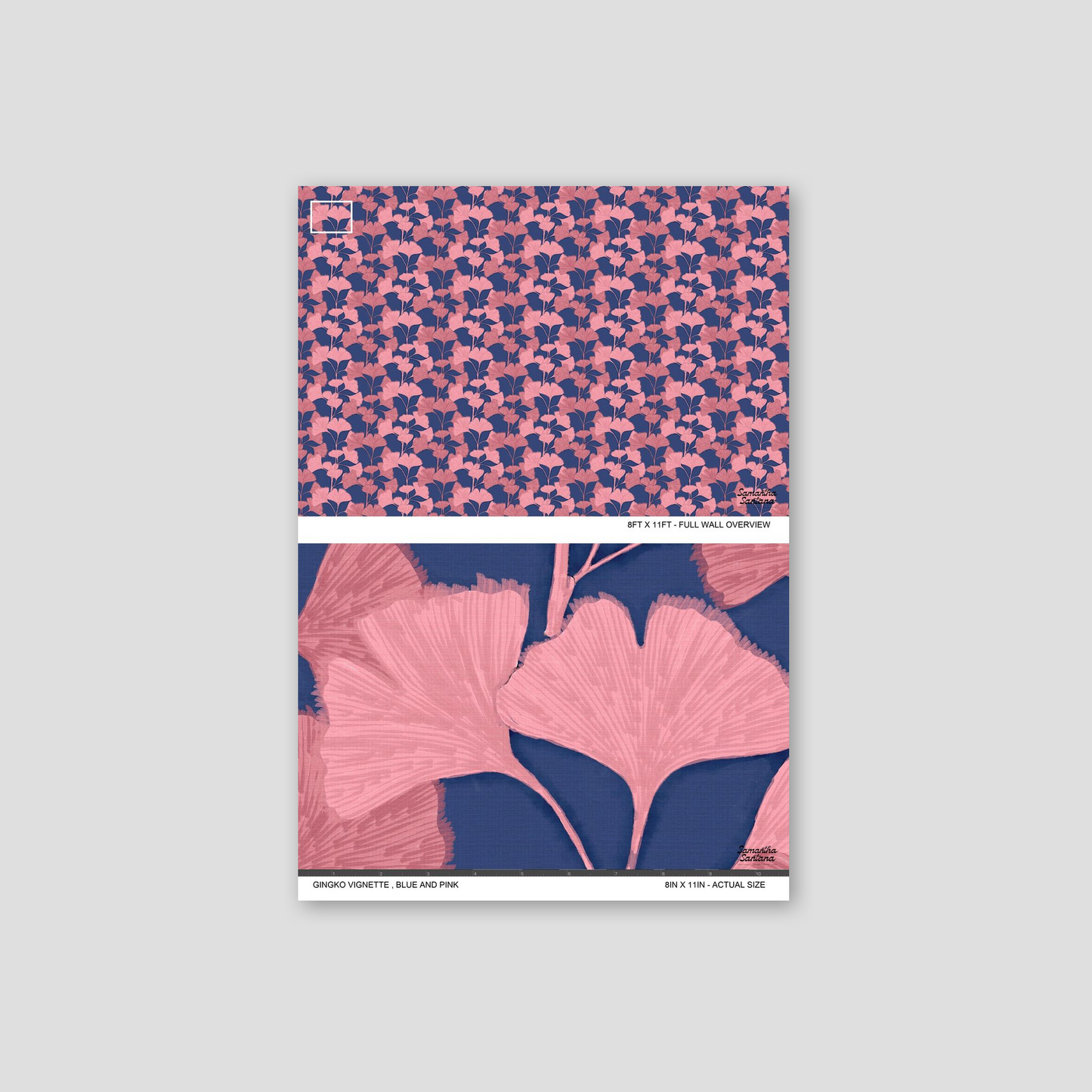 Blue and pink ginkgo leaf pattern wallpaper sample.