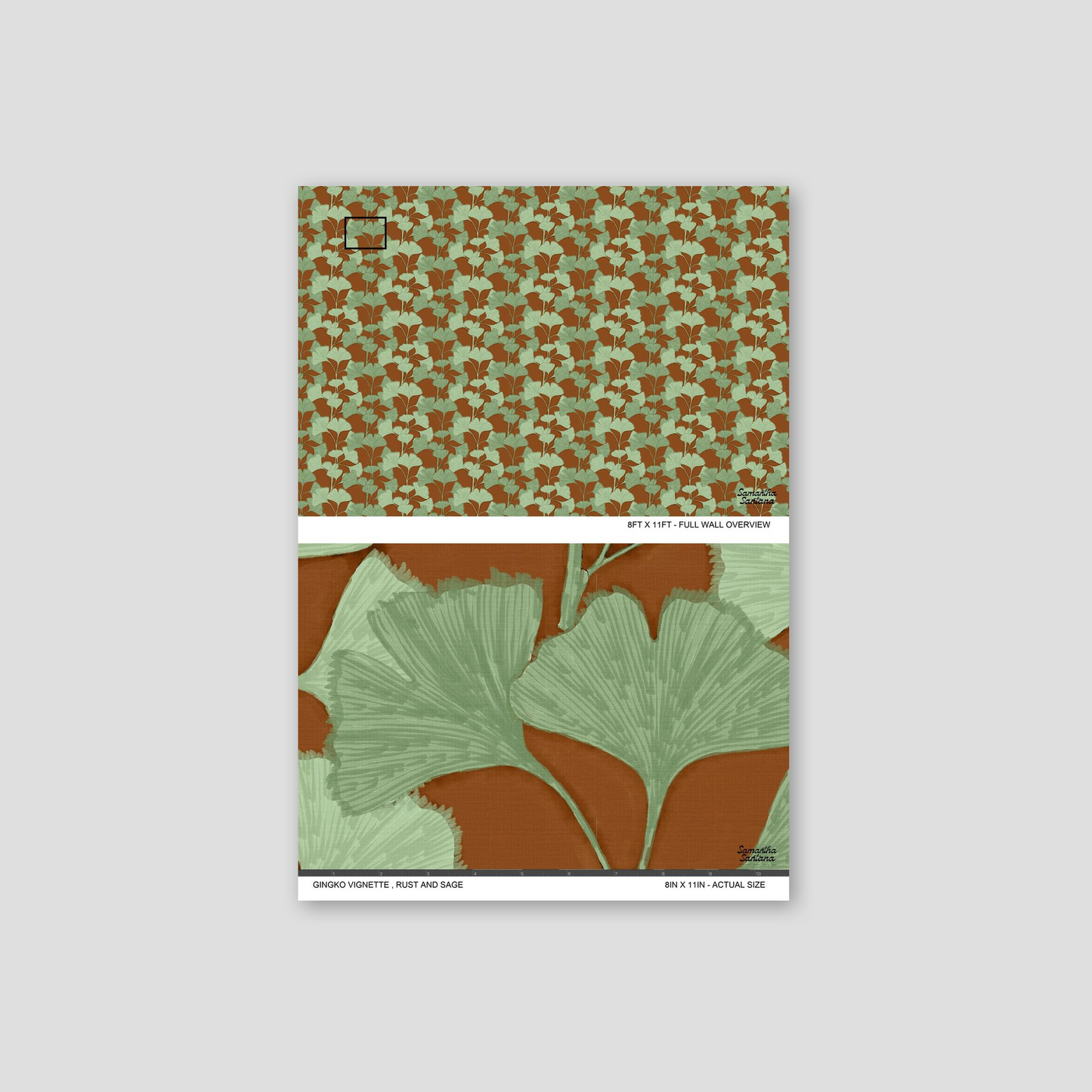 Gingko Vignette Wallpaper with rust and sage ginkgo leaf pattern.