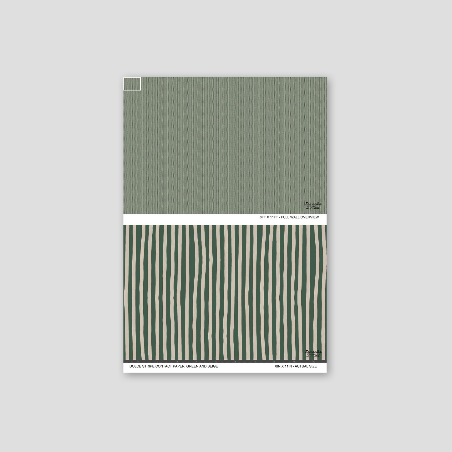 Green and beige striped contact paper, shelf liner sample with bold organic lines.