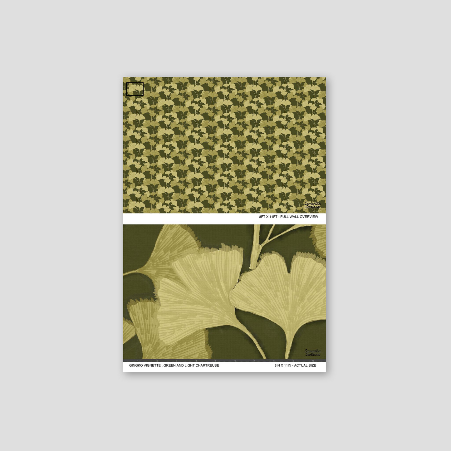 Green and chartreuse ginkgo leaf wallpaper sample, nature-inspired pattern.