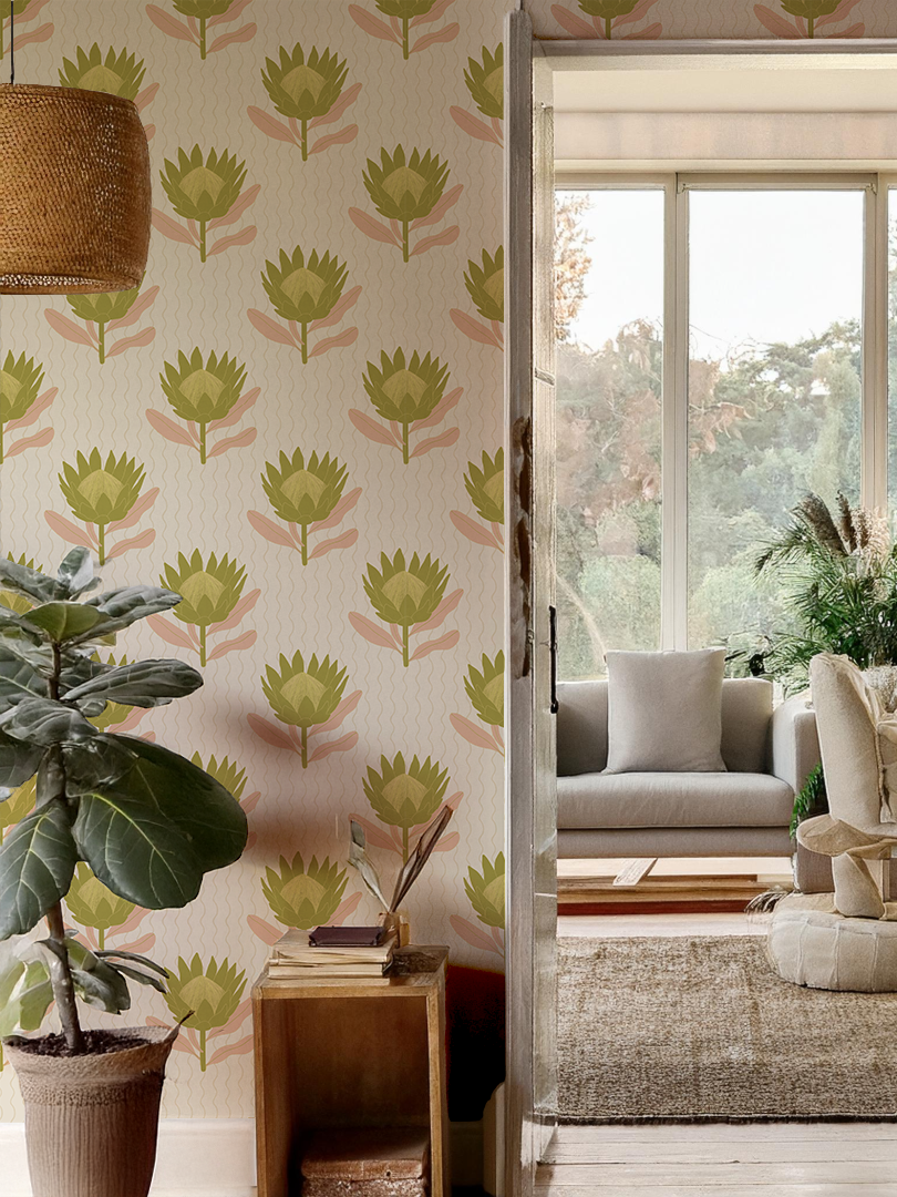 King Protea Wallpaper, tan and olive