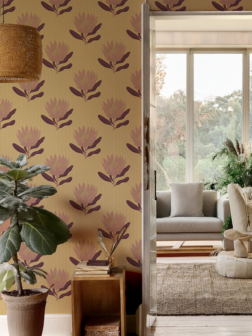 King Protea Wallpaper, butter yellow and mauve