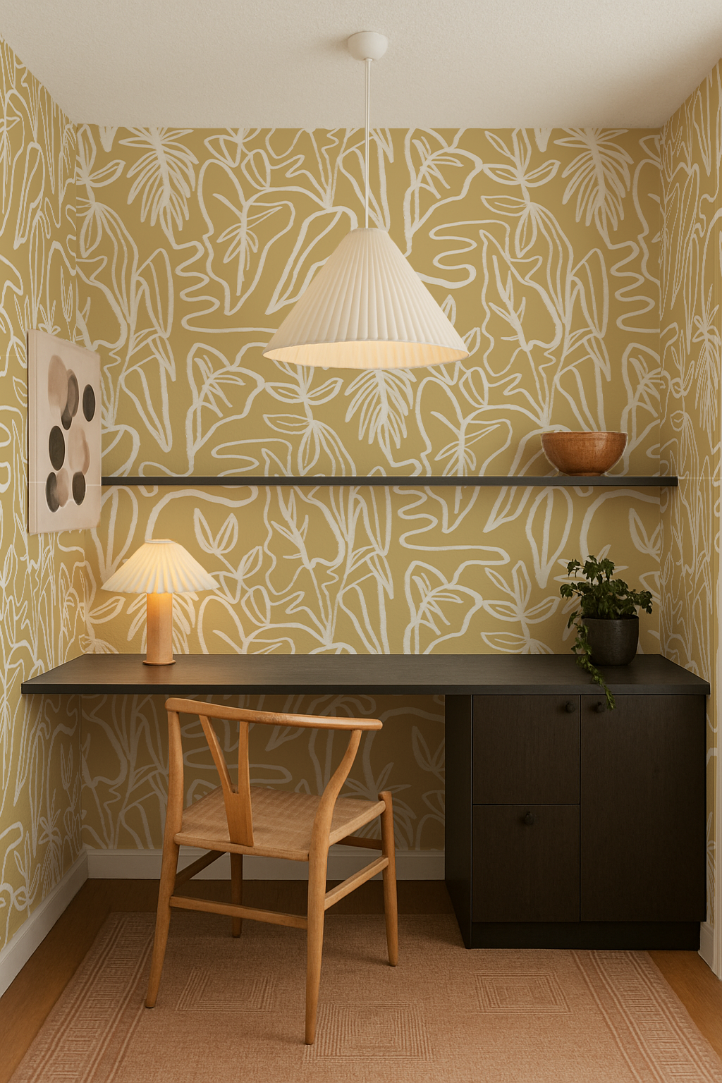 Inked Foliage Wallpaper, butter yellow and white