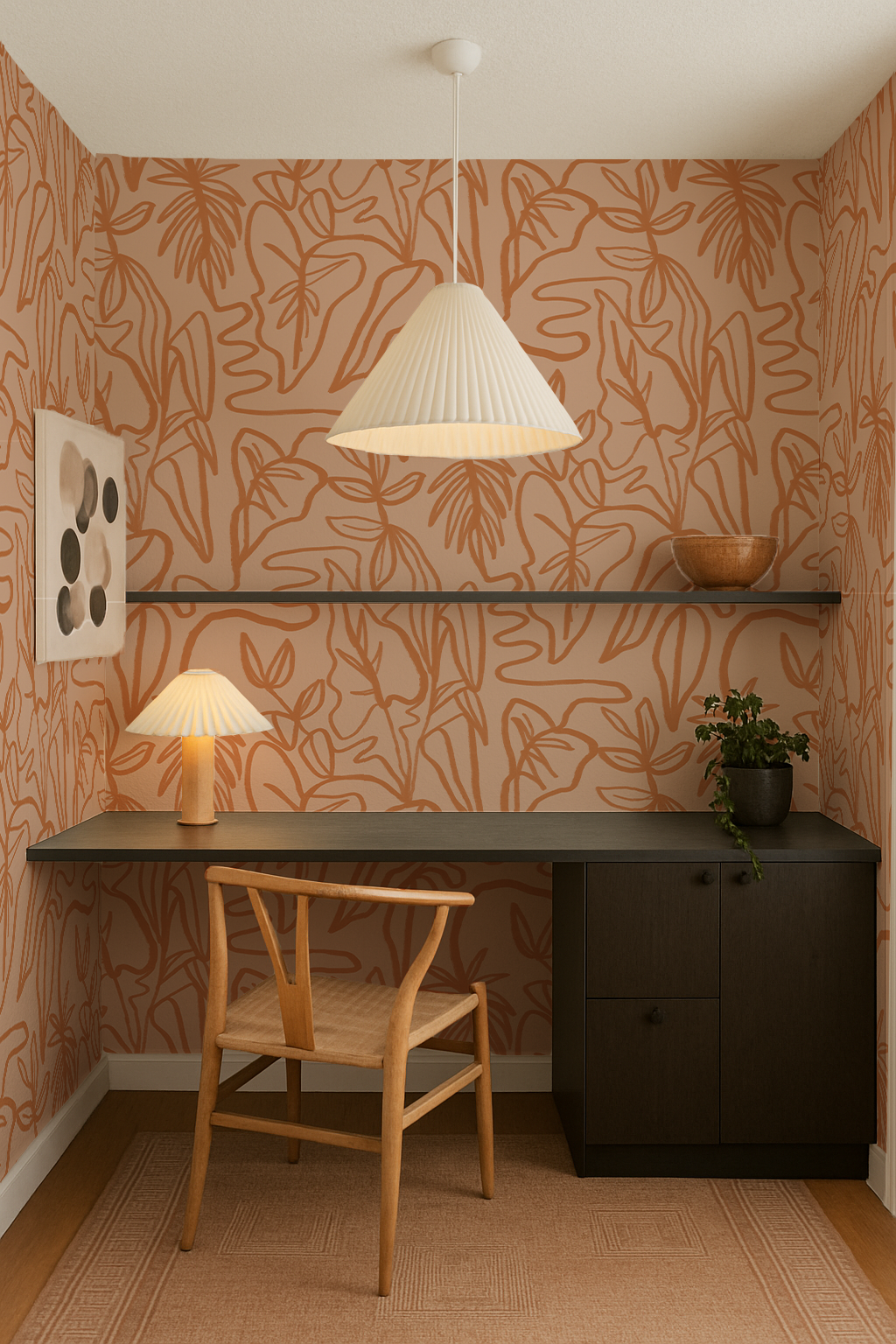 Inked Foliage Wallpaper, peach & orange
