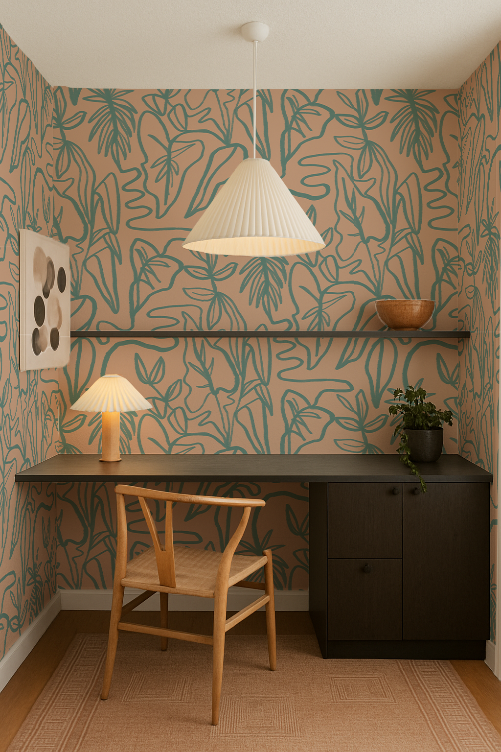 Inked Foliage Wallpaper, peach and teal