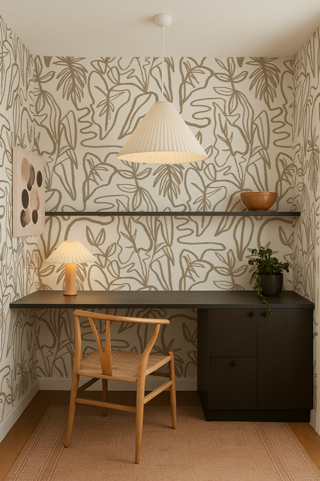Inked Foliage Wallpaper, white and tan