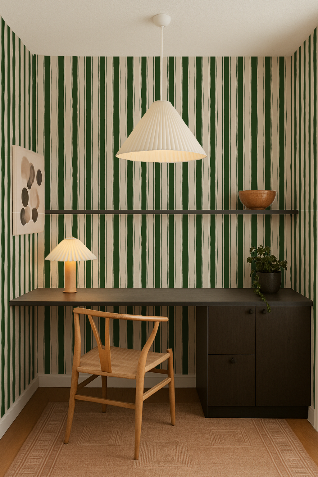 Riviera Stripe Wallpaper, off-white and dark green