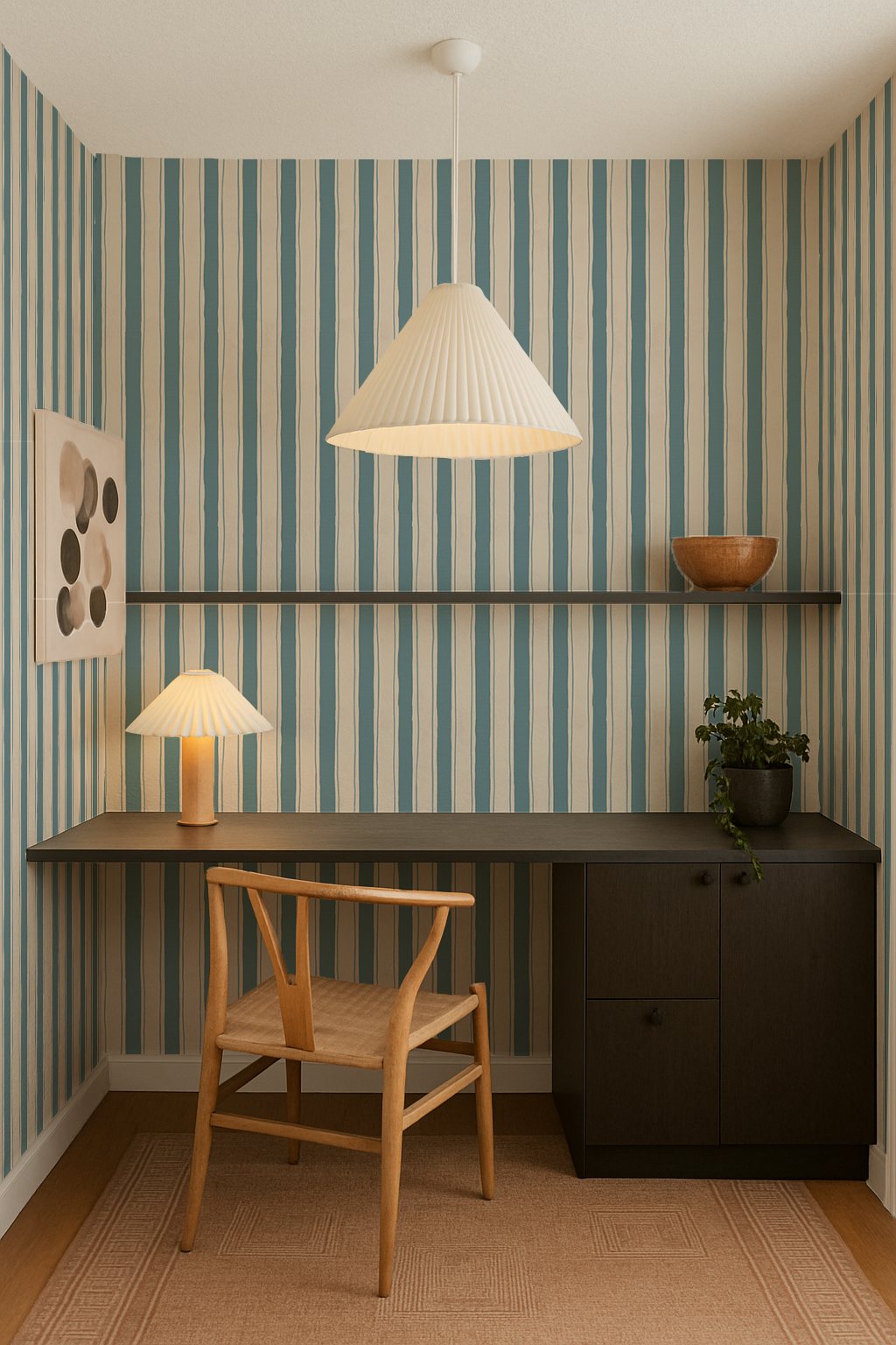 Riviera Stripe Wallpaper, off-white and dusty blue