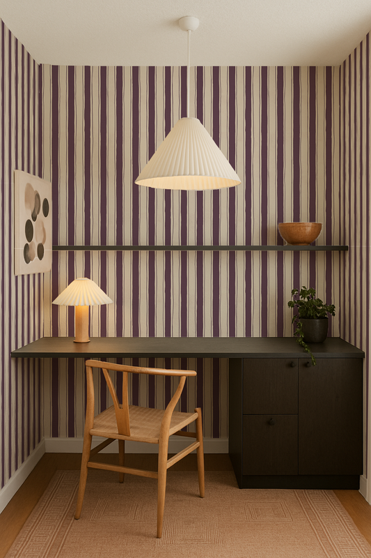 Riviera Stripe Wallpaper, off-white and eggplant