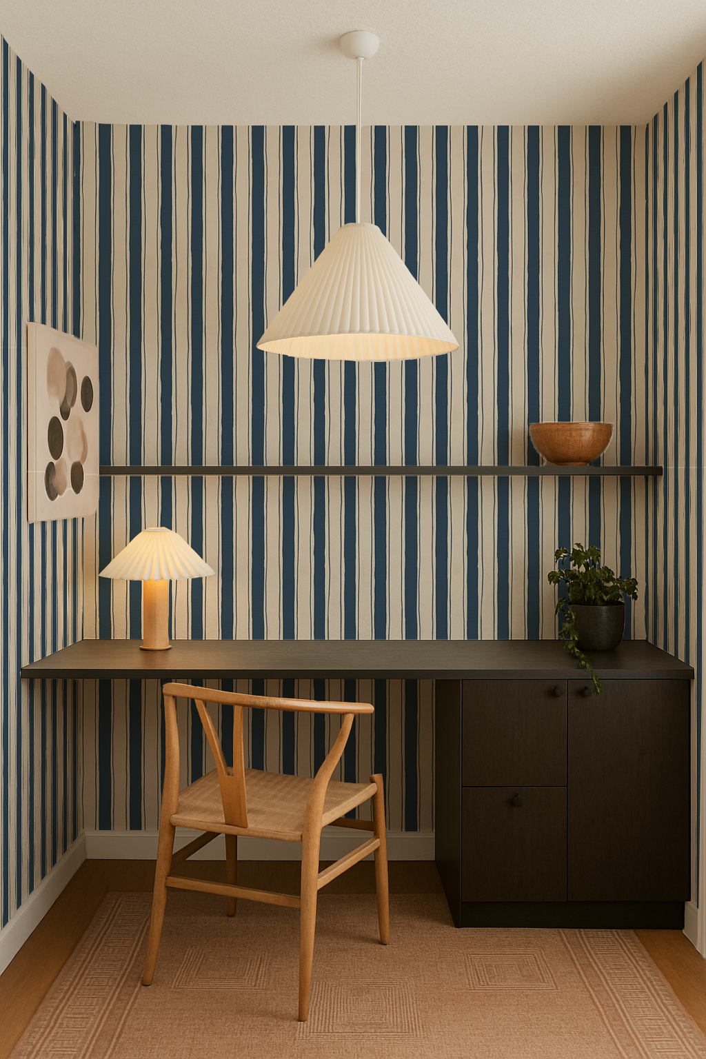 Riviera Stripe Wallpaper, off-white and navy