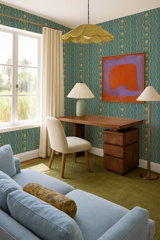 Posy Lane Stripe Wallpaper, blue and yellow