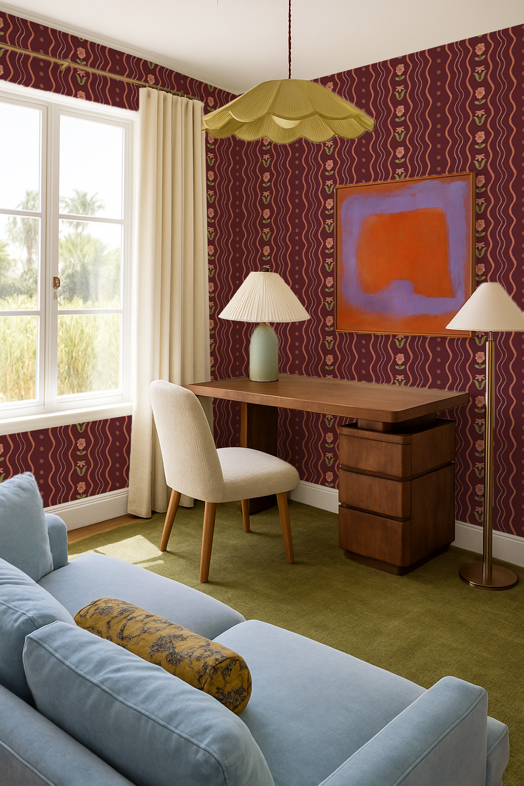 Posy Lane Stripe Wallpaper, fig jam and coral