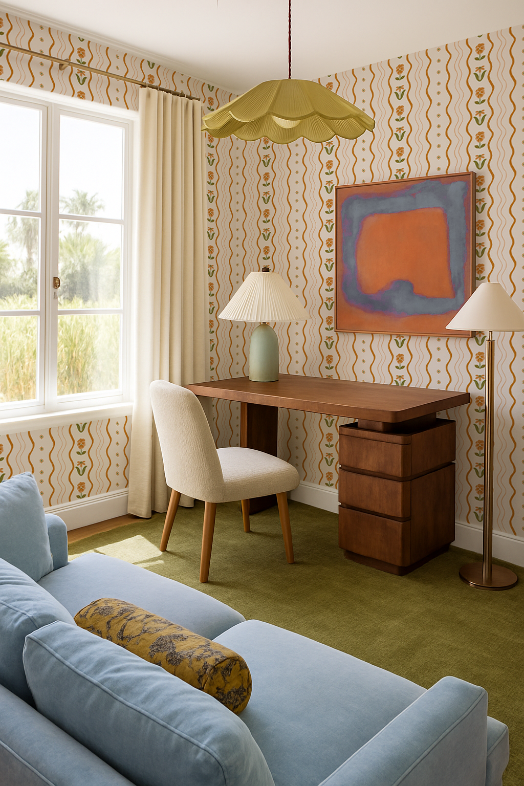 Posy Lane Stripe Wallpaper, beige and orange