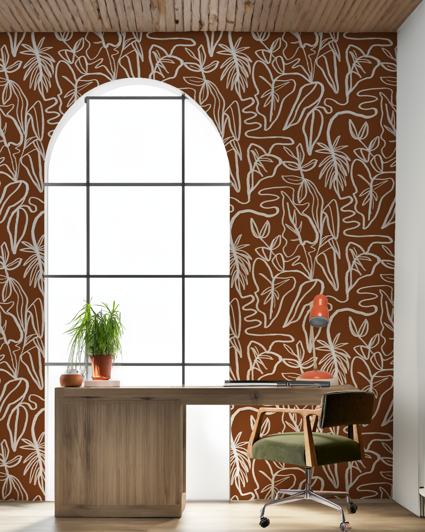 Inked Foliage Wallpaper, rust and white