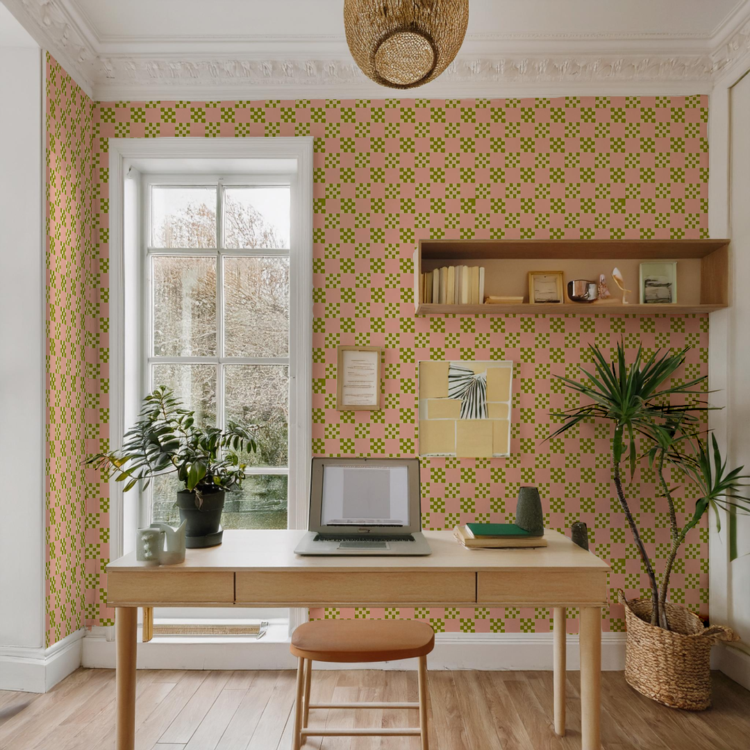 Checkered Quilt Wallpaper, pink, olive green and light beige