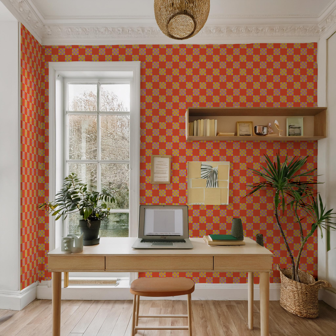 Checkered Quilt Wallpaper, red-orange, yellow and purple