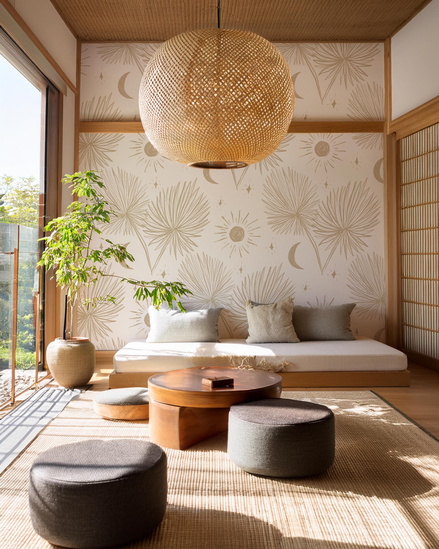 Night Palm Wallpaper, white and tan