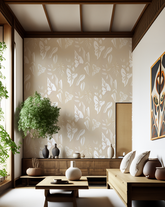 Block Print Foliage Wallpaper, tan and off-white