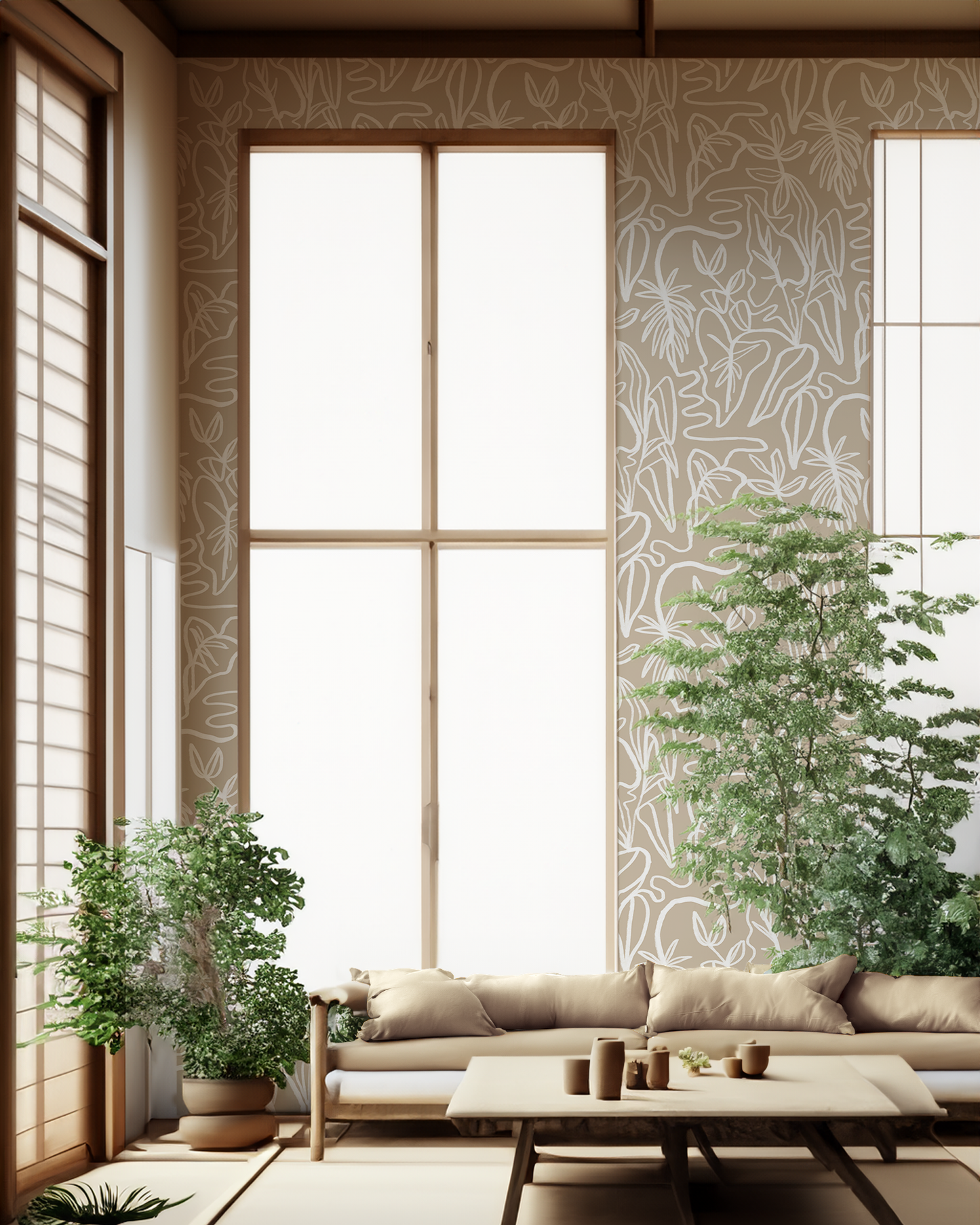 Inked Foliage Wallpaper, tan and white