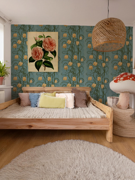 Campanas Wallpaper, dusty blue and marigold