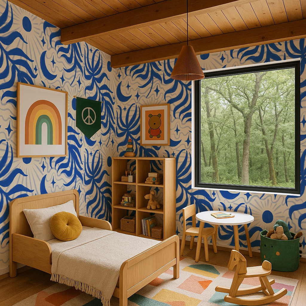 Lunar Leaf Wallpaper, beige and blue
