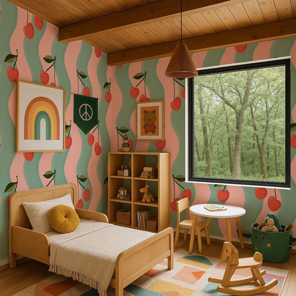 Wavy Cherry Wallpaper, pink and teal