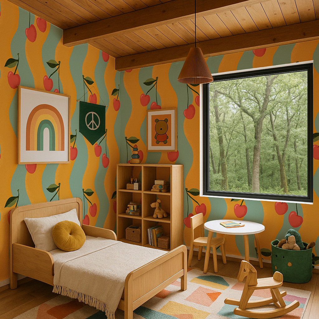 Wavy Cherry Wallpaper, yellow and teal