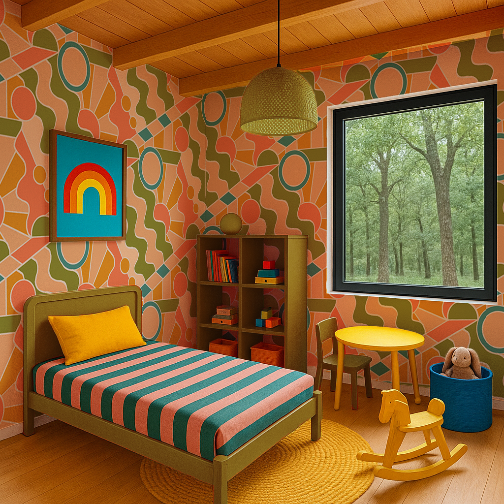 Day Trippin' Wallpaper, olive green, peach, coral and blue