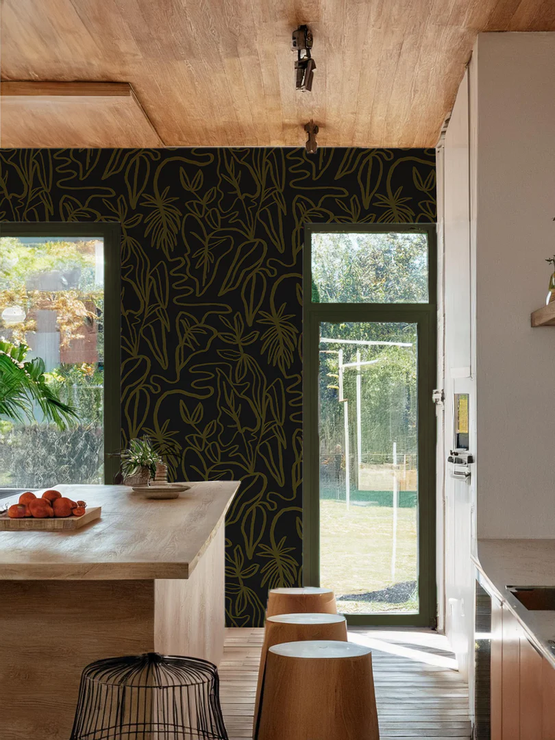 Inked Foliage Wallpaper, black & olive green