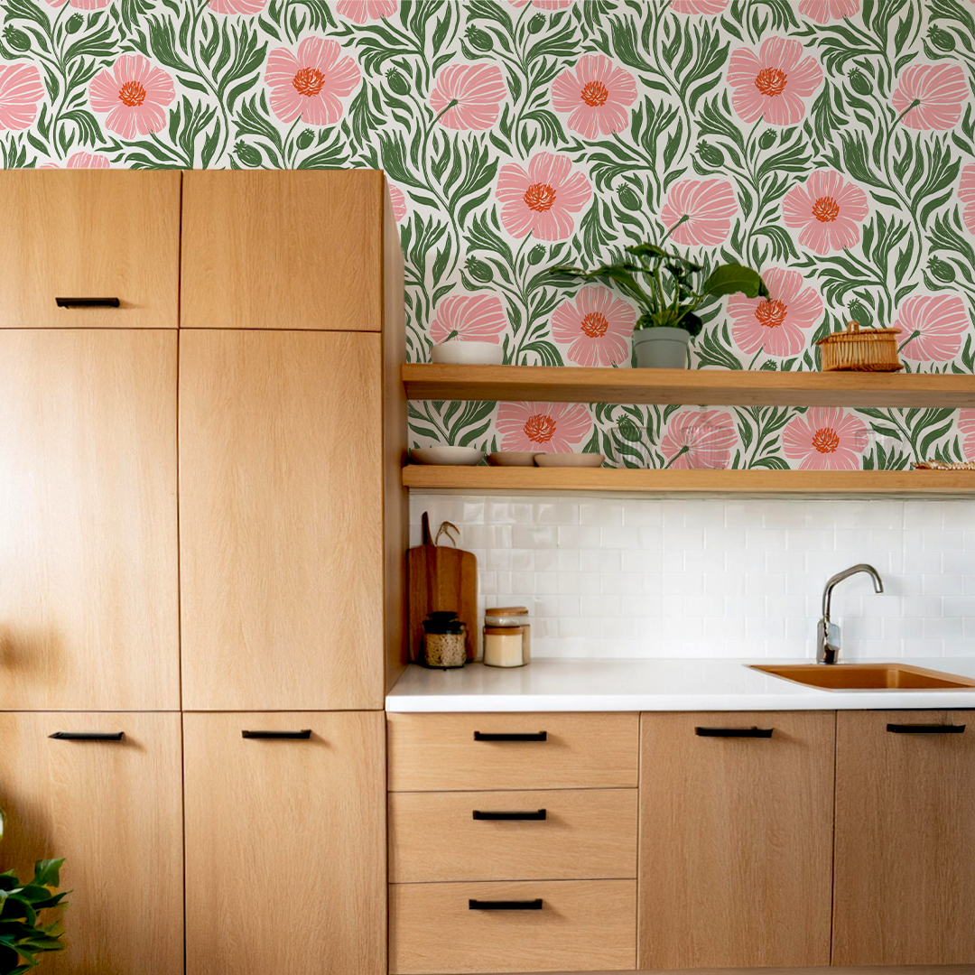 Matilija Wallpaper, white, pink & green
