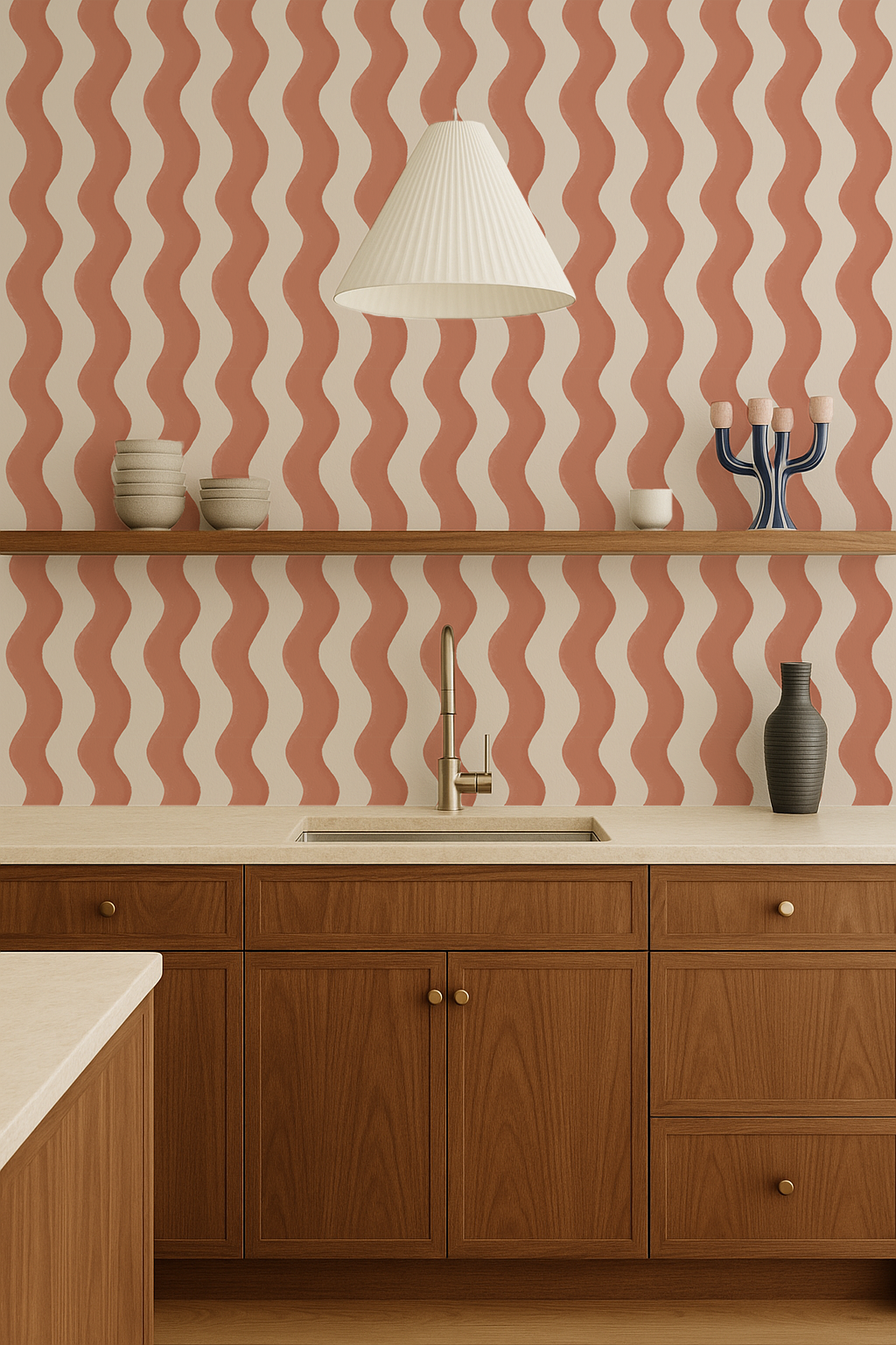 Ziggy Stripe Wallpaper, white and terra cotta