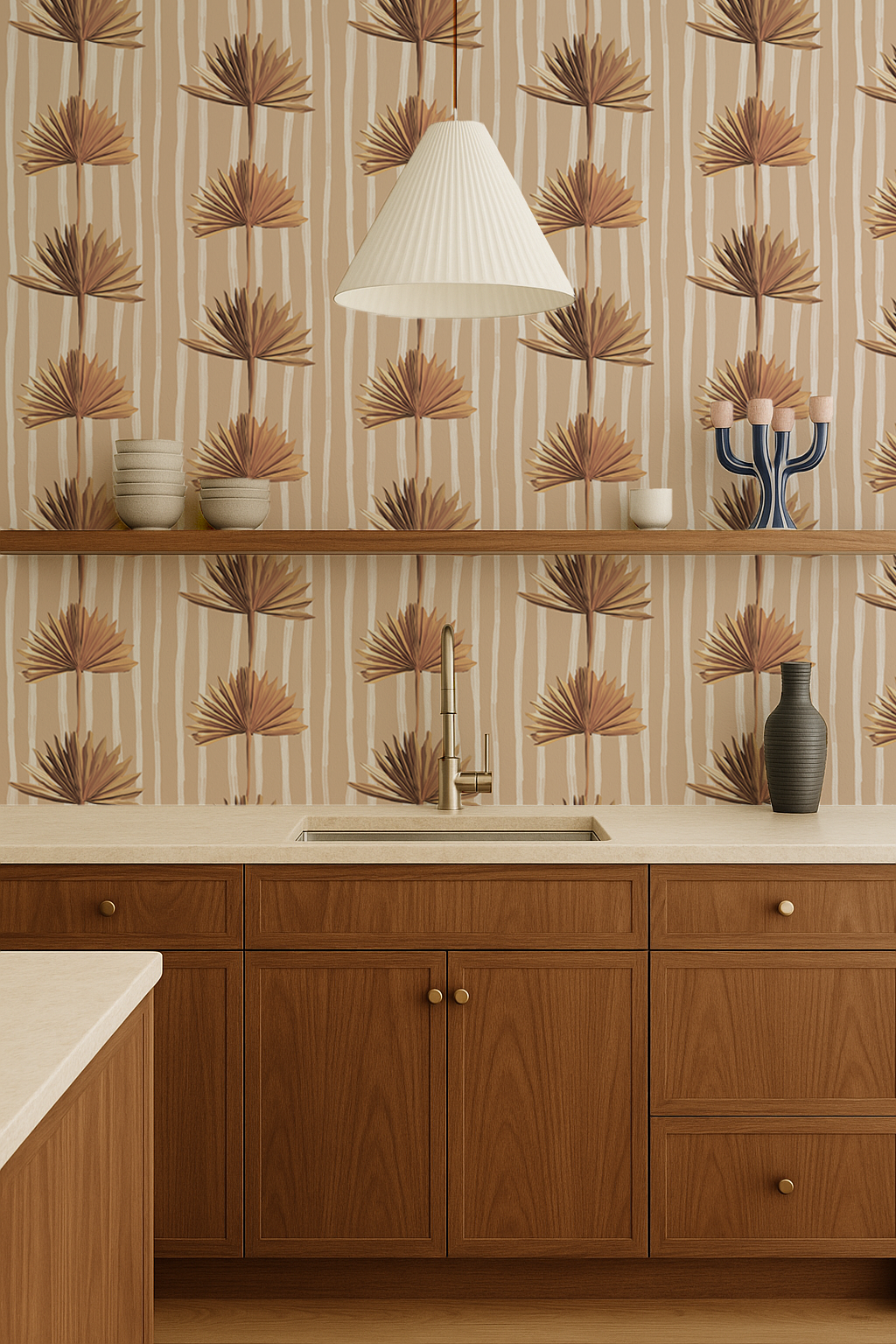 Stripey Palm Wallpaper, nude and off-white