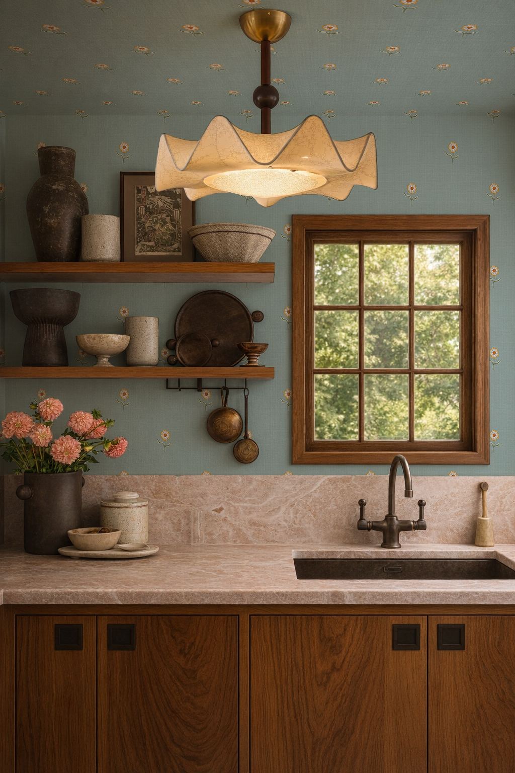 Daisy Dots Wallpaper, dusty teal