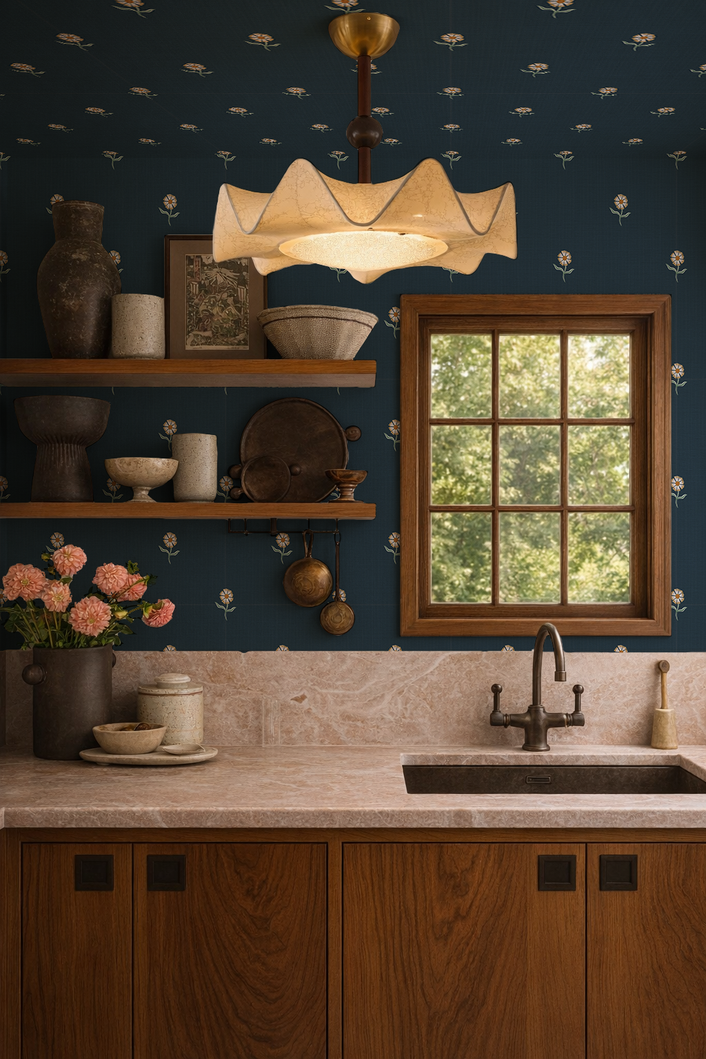 Daisy Dots Wallpaper, midnight blue