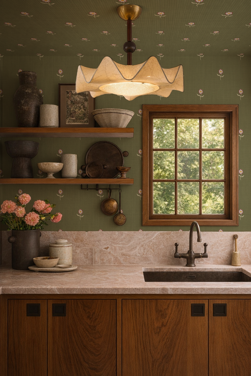 Daisy Dots Wallpaper, olive green