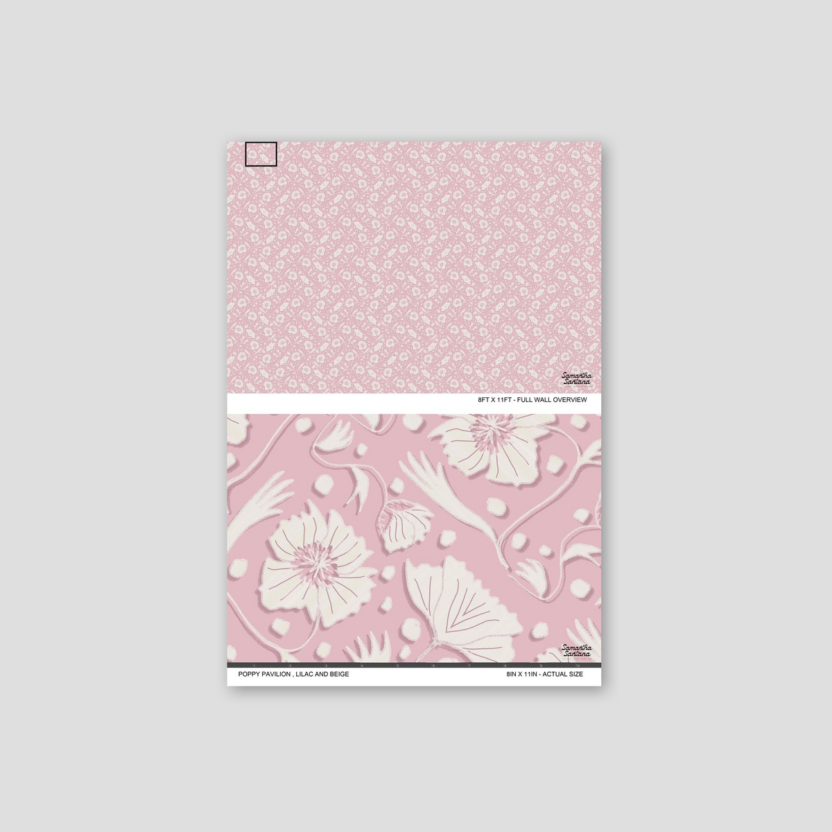 Lilac and beige floral wallpaper sample with delicate blossoms.