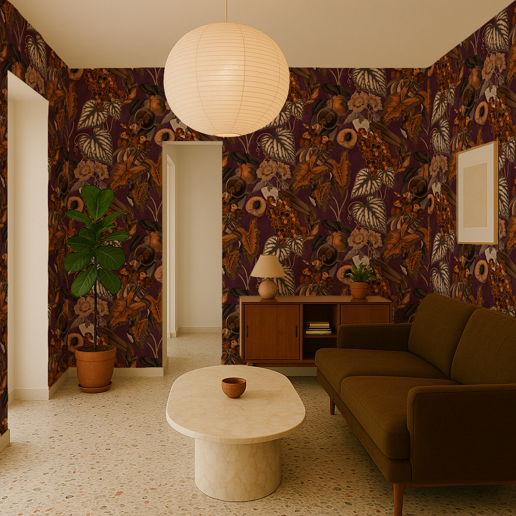 Cali Tropicale Wallpaper, eggplant and toffee
