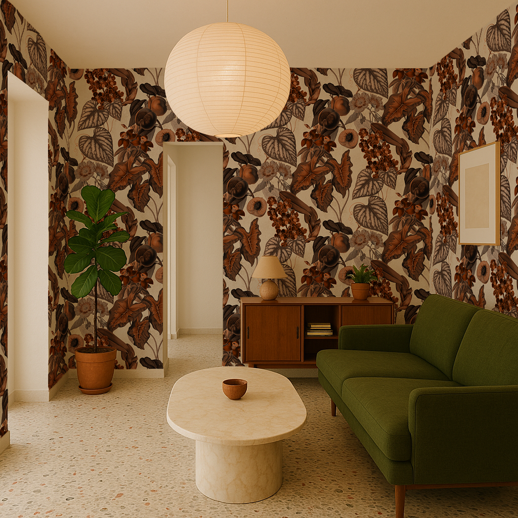 Cali Tropicale Wallpaper, off-white and burnt orange