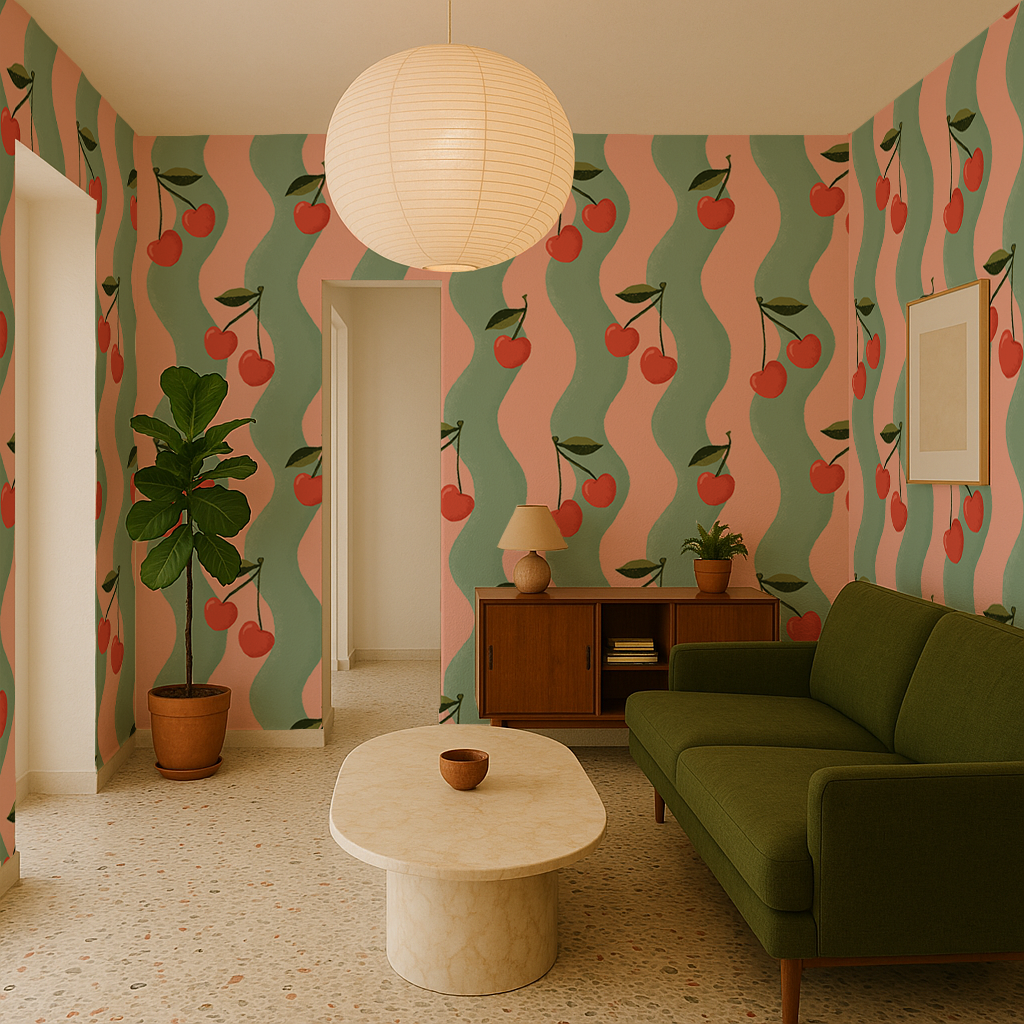 Wavy Cherry Wallpaper, pink and teal